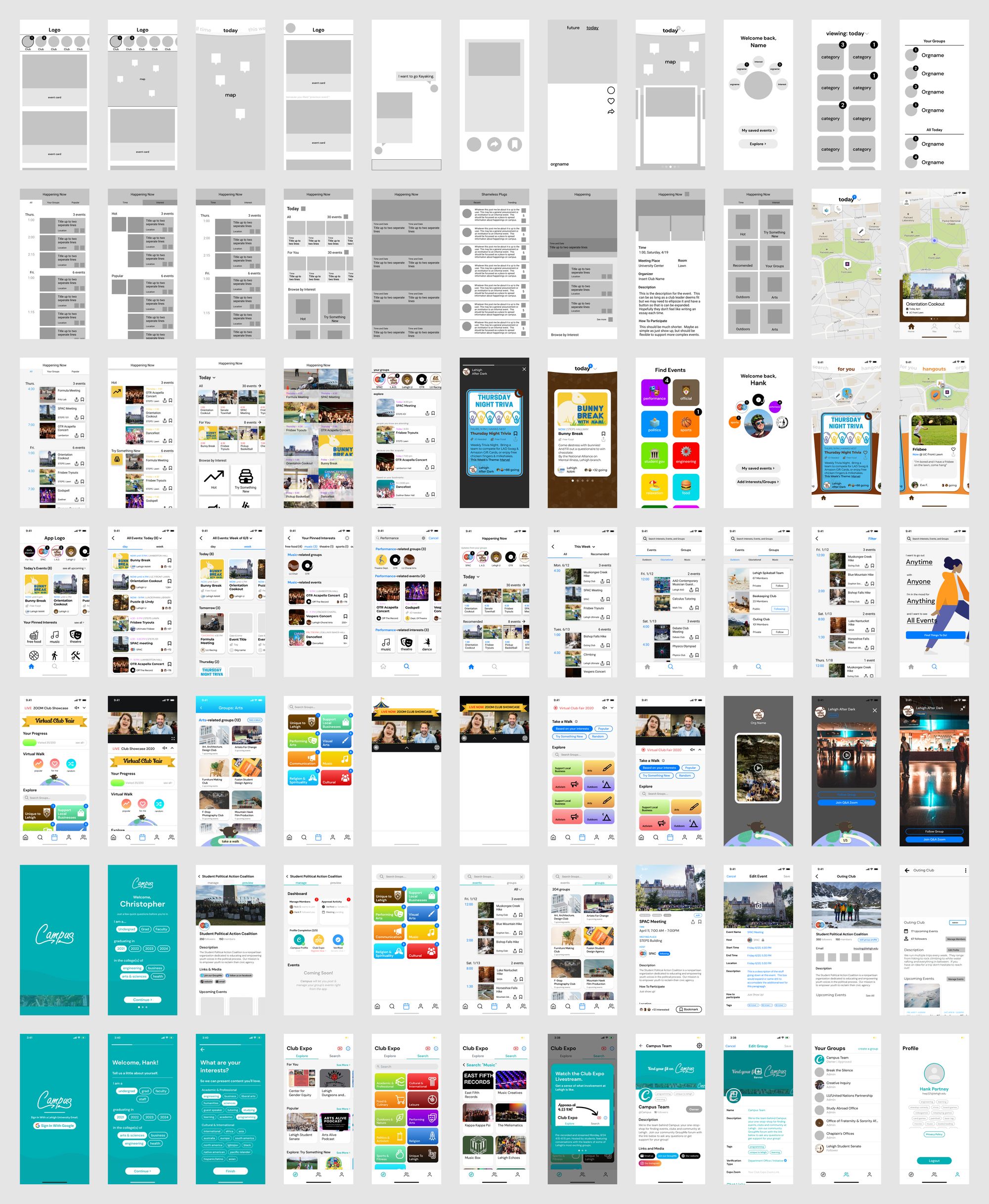 Grid of about 75 phone screens, from grey wireframes at the top through colorful event feeds and a Virtual Club Fair concept, to the teal Club Expo screens that shipped at the bottom