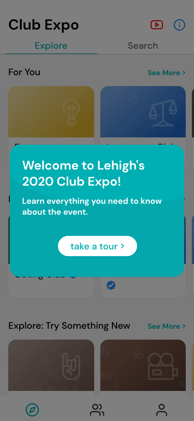 Campus welcome popup reading "Welcome to Lehigh's 2020 Club Expo!" with a button to take a tour