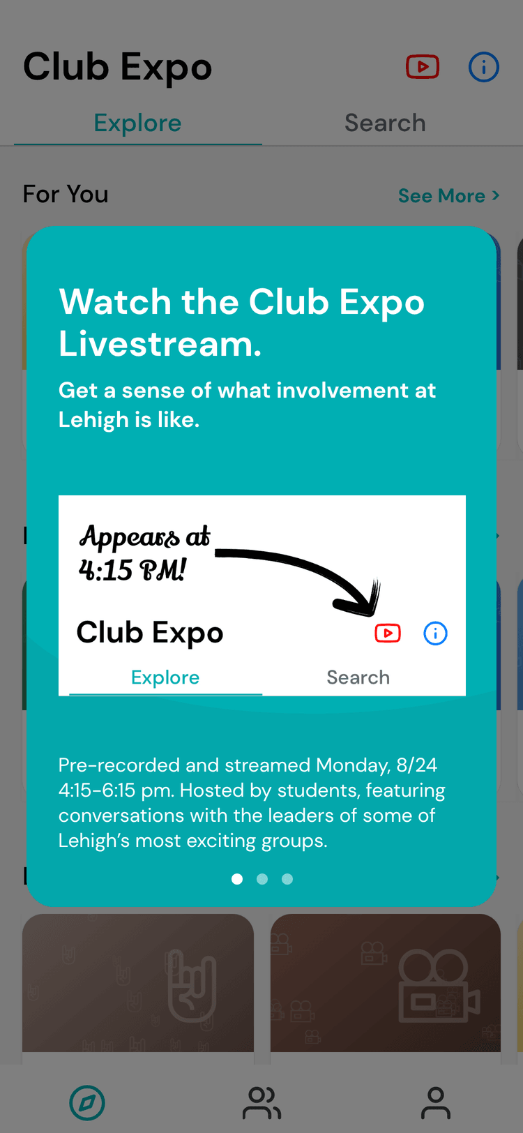 First page of the expo tour, titled "Watch the Club Expo Livestream", explaining the student-hosted livestream on Monday 8/24 from 4:15 to 6:15 pm
