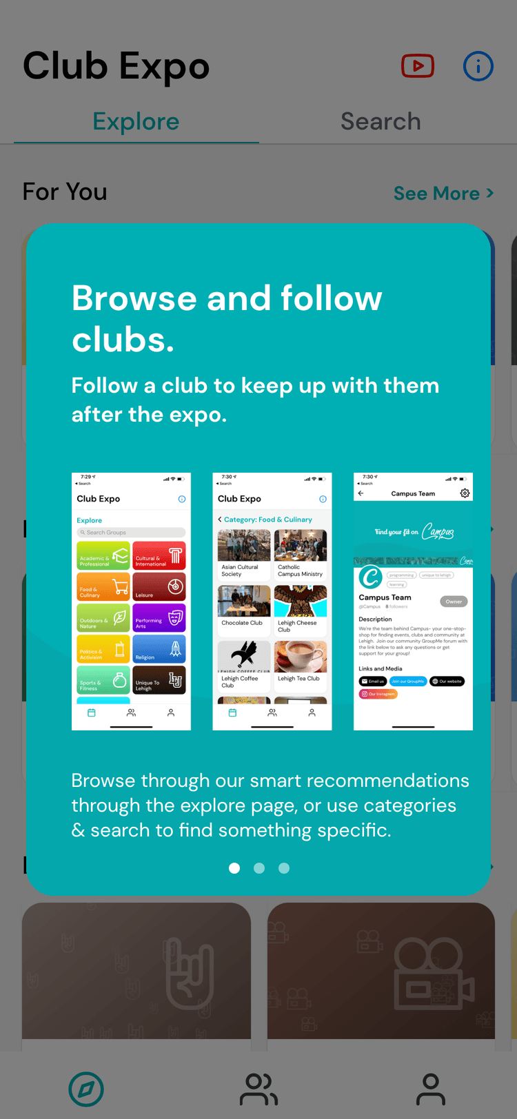 Second page of the expo tour, titled "Browse and follow clubs", with three small app screenshots showing category browsing, a category of food clubs and a club page, and a note that clubs can be found through recommendations, categories and search