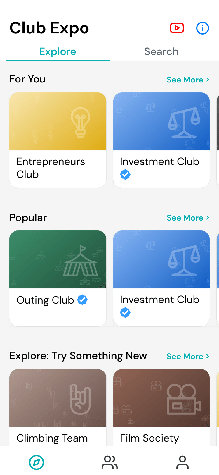 Campus Explore screen with horizontal rows of club cards labeled For You, Popular and Explore: Try Something New