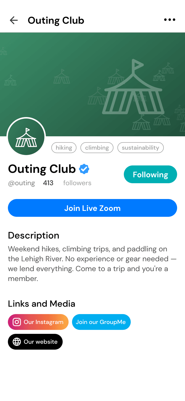 A club page in Campus with Following and Join Live Zoom buttons, a short description and links to the club's Instagram, GroupMe and website