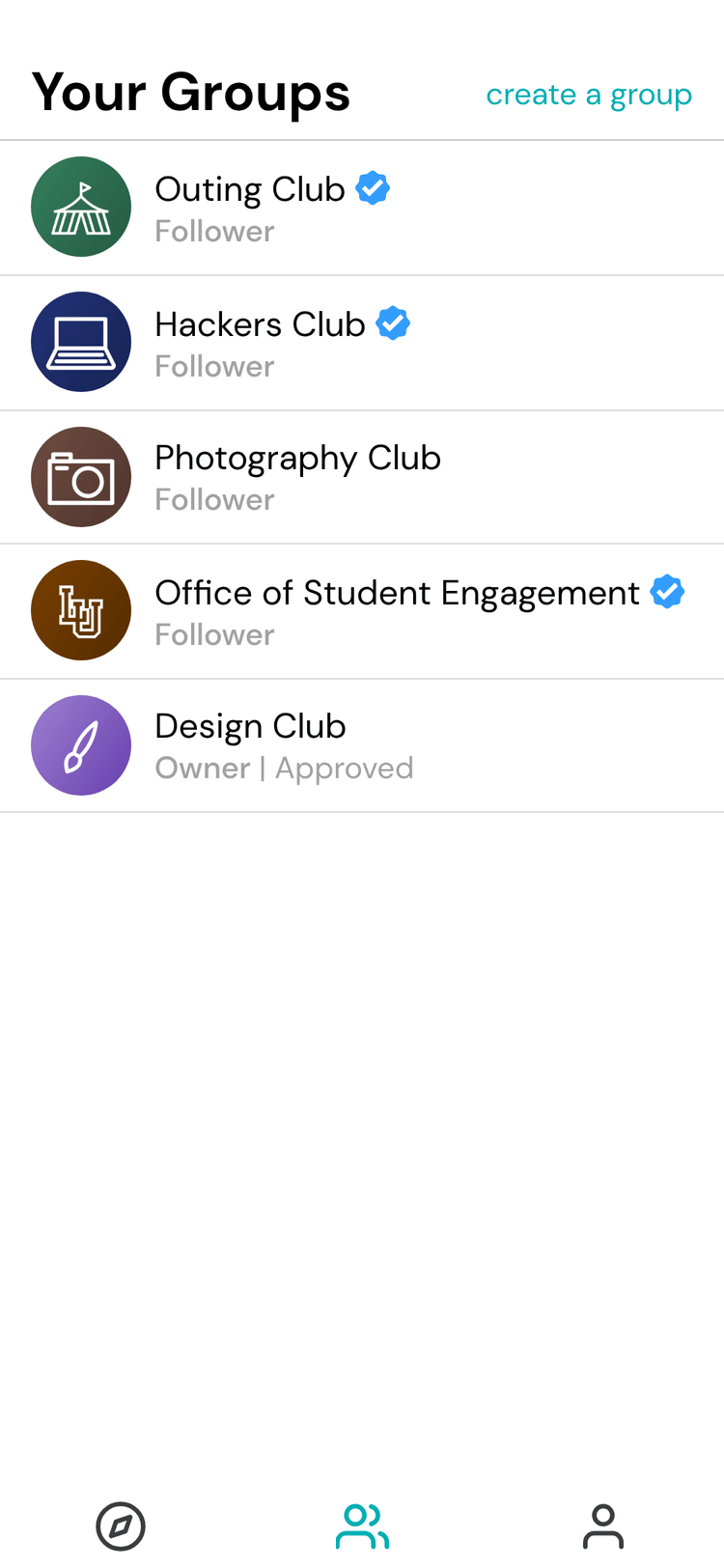 Campus Your Groups screen listing the clubs a student follows, including Outing Club, Hackers Club and the Office of Student Engagement, plus a Design Club they own