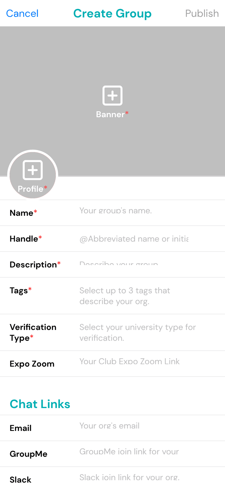 Campus Create Group form with banner and profile photo uploads, fields for name, handle, description, tags, verification type and an Expo Zoom link, and a Chat Links section for email, GroupMe and Slack