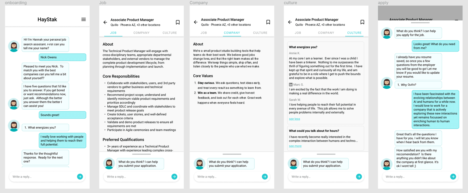 Mockup board with six phone screens in a row: the onboarding chat, a job listing's Job, Company and Culture tabs, and an apply chat where Hannah collects answers to the employer's questions.