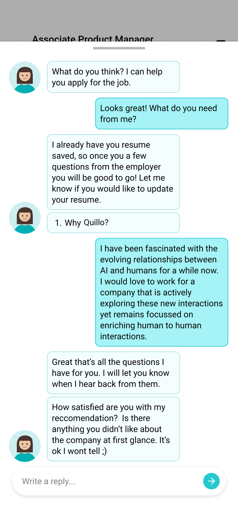 The chat drawer pulled up over a job listing. Hannah says she already has the candidate's resume and only needs answers to the employer's questions. She asks Why Quillo?, the candidate answers, and she follows up asking how satisfied they are with the recommendation.