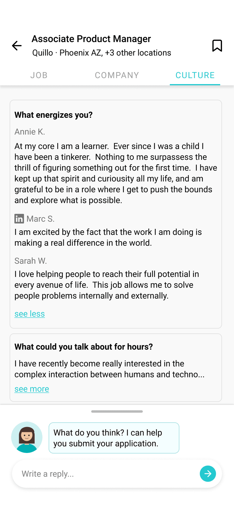 Culture tab of the Quillo Associate Product Manager listing. Under What energizes you?, three current employees answer in their own words, one about tinkering and learning, one about making a difference, one about helping people reach their potential. A second question, What could you talk about for hours?, is collapsed below.