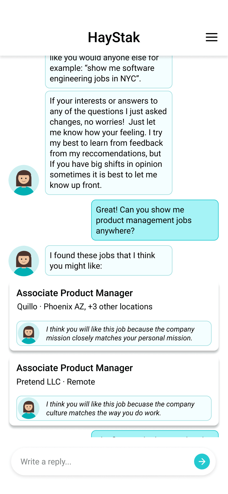 Later in the same chat. The candidate asks for product management jobs, and Hannah replies with two Associate Product Manager cards: Quillo in Phoenix, AZ, because the company mission matches theirs, and Pretend LLC, remote, because the culture matches how they work.