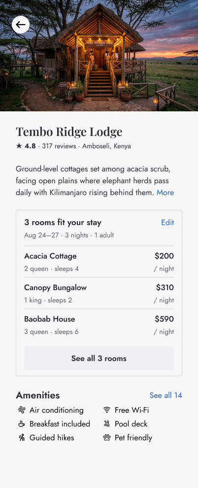 Top of the Tembo Ridge Lodge page: a lodge photo, the name, a 4.8 rating from 317 reviews, and a short description. Below, a card reads 3 rooms fit your stay, Aug 24 to 27, 3 nights, 1 adult, listing Acacia Cottage at 200 dollars, Canopy Bungalow at 310 and Baobab House at 590 per night, with a See all 3 rooms button. Amenities follow.