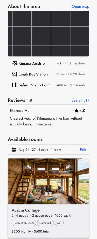 Middle of the page: About the area, with travel times to Kimana Airstrip (10 minute drive), Emali Bus Station (1 hour 20 drive) and a safari pickup point (5 minute walk). Then one review, and the start of Available rooms for Aug 24 to 27, 1 adult, 1 room, showing the Acacia Cottage card: 2 to 4 guests, 2 queen beds, 1000 square feet, 200 dollars nightly and 600 total.