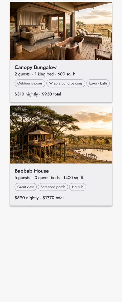 Bottom of the page: room cards for the Canopy Bungalow (2 guests, 1 king bed, 600 square feet, with an outdoor shower, wraparound balcony and luxury bath, 930 dollars total) and Baobab House (6 guests, 3 queen beds, 1400 square feet, 1770 dollars total).