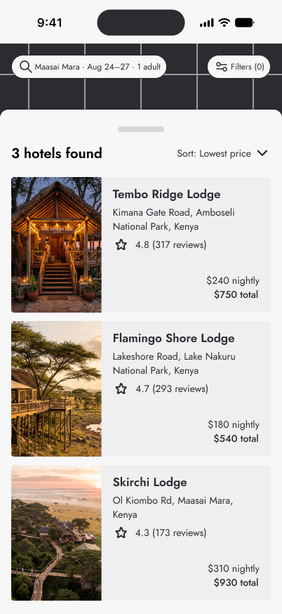 The list dragged up to fill the screen, with the map peeking above it. It shows all 3 hotels sorted by lowest price: Tembo Ridge Lodge, Flamingo Shore Lodge and Skirchi Lodge, each with a photo, address, rating, nightly price and total.