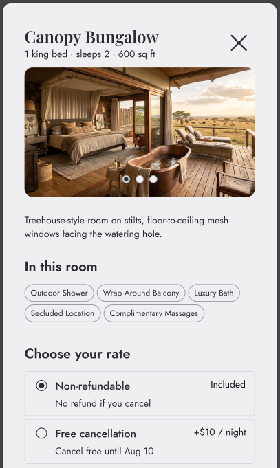 Top of the Canopy Bungalow room sheet. Under the name, a line reads 1 king bed, sleeps 2, 600 square feet. Below a photo and a one-line description, In this room lists room-only features such as an outdoor shower and a wraparound balcony. Choose your rate offers non-refundable, included, or free cancellation until Aug 10 for 10 dollars more a night.
